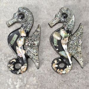 Vintage Lucite Seahorse Shell Inlay Wall Decor- Black and Iridescent